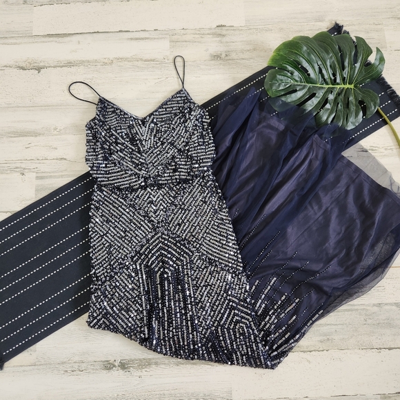 Adrianna Papell Midnight Blue Sequin Embellished Blouson Gown Size 0 - Picture 2 of 14